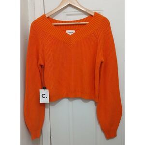 Callahan womens large cropped orange ribbed knit sweater wide Vneck